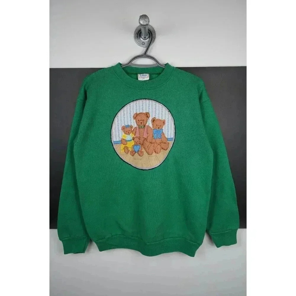 Vintage Sweatshirt 90s Green Bear Family Art Women's Large #669